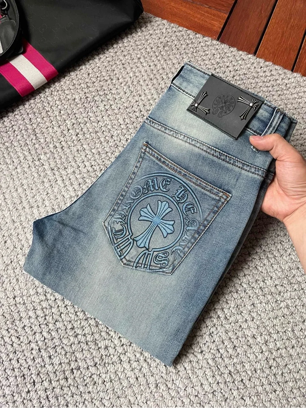 Chrome Hearts Men’s Washed Blue Slim Straight Jeans